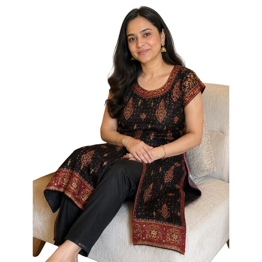 Dan278 Womens Embroidered Indian Kurta Tunic Black Red Gold Beaded Top Medium